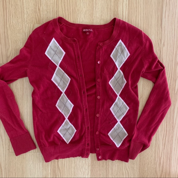 Merona Red Argyle Cardigan Sweater Y2K - Picture 1 of 2